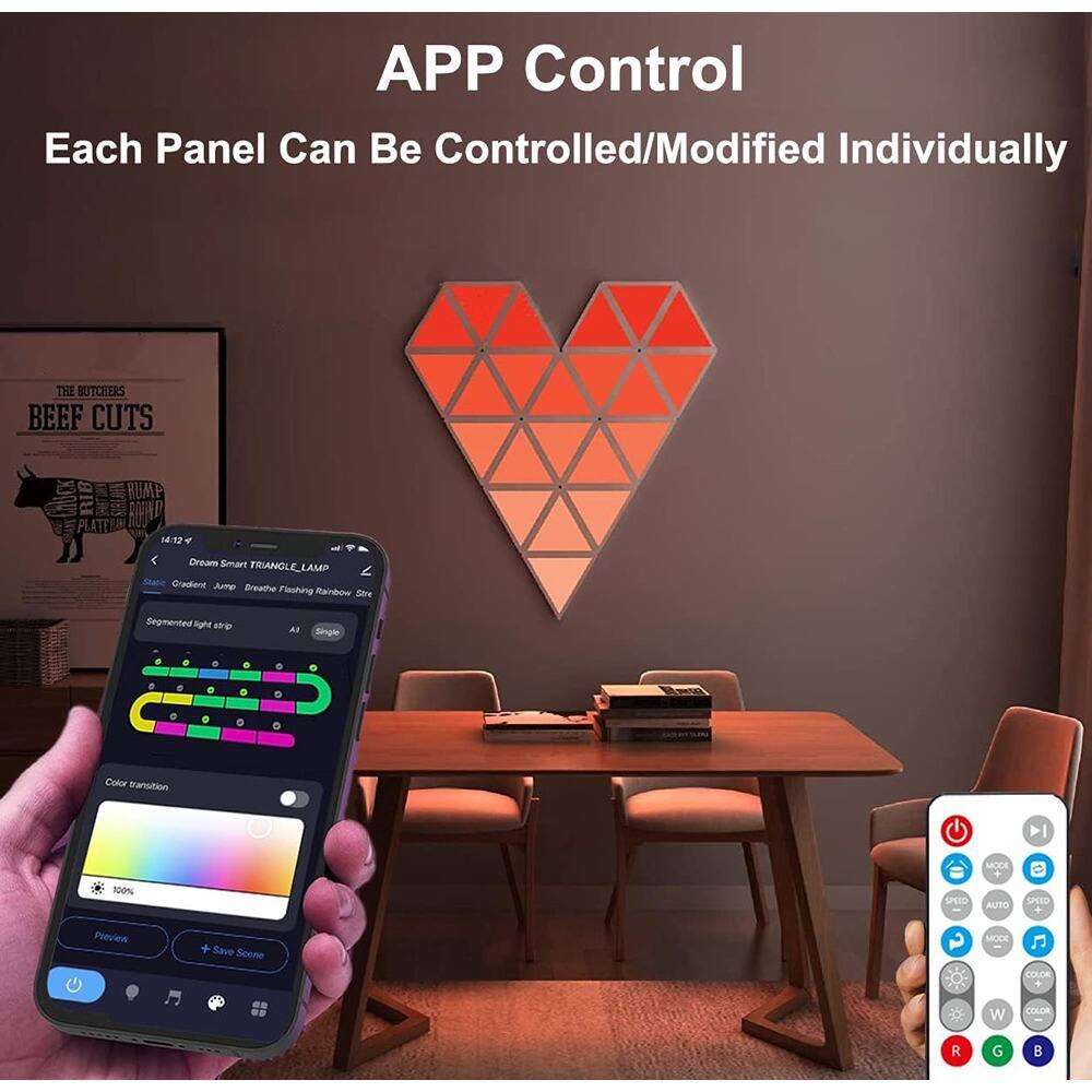 APP Control  
Each Panel Can Be Controlled/Modified Individually  

Dream Smart TRIANGLE_LAMP  
State: Cedient  
Segmented light strip  
All  
Single  

Color transition  
100%  

Preview  
+ Save Scene  

MODE  
CIPU  
AUTO  
UNED  

Color  
W  
R  
G  
B