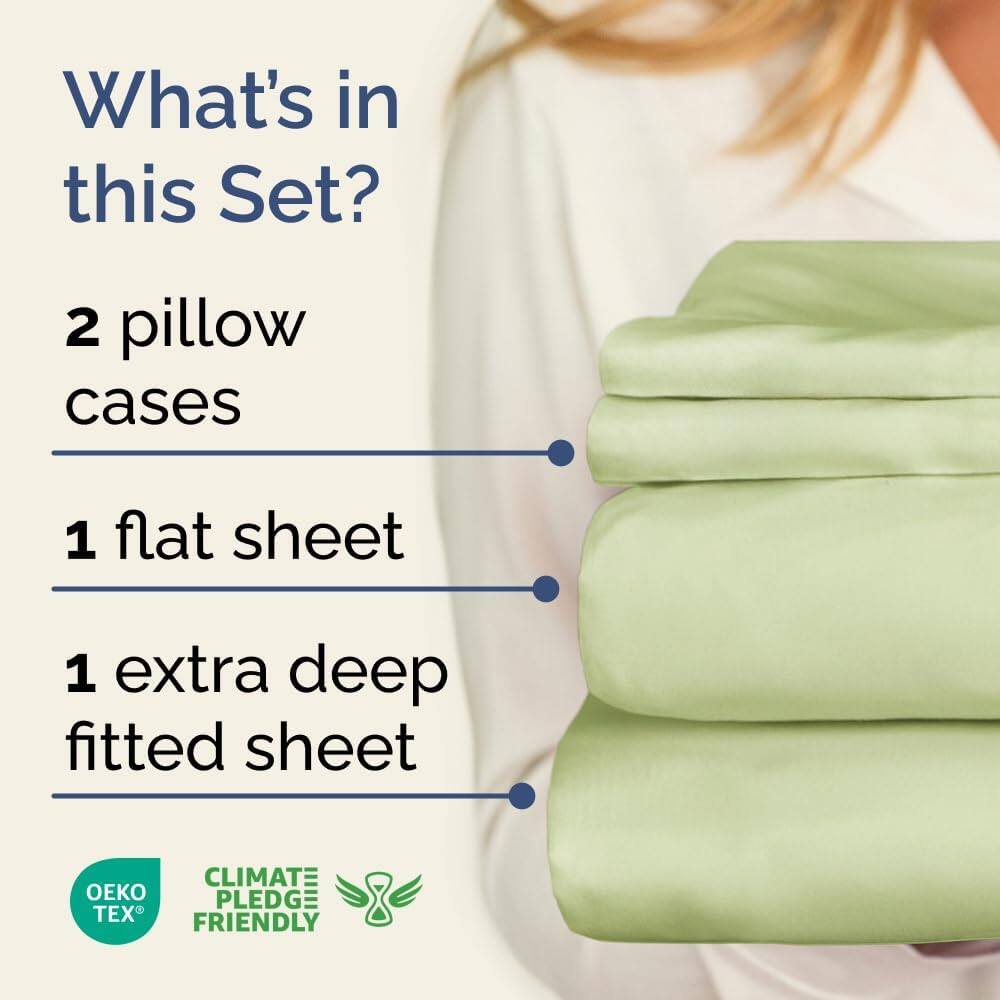 What's in this Set?

- 2 pillow cases
- 1 flat sheet
- 1 extra deep fitted sheet

CLIMATE PLEDGE FRIENDLY

OEKO TEX