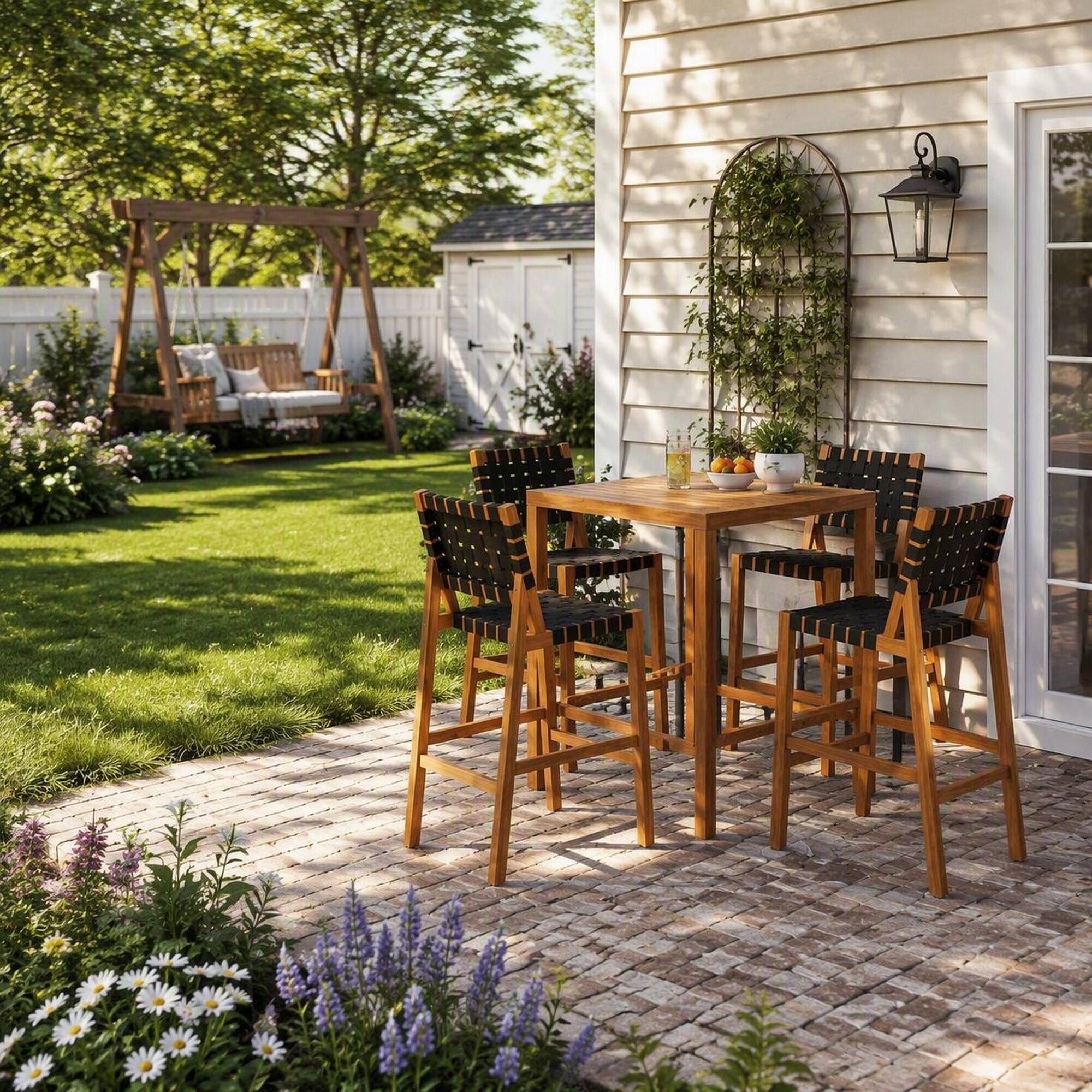 Alt View 2. RYHNUYNE - 30.5" Seat Height 5‑Piece Wood Patio Bar Set,Teak Finish Frame with Black PE Woven Rope,Comfortable Seating - Teak+ Black.