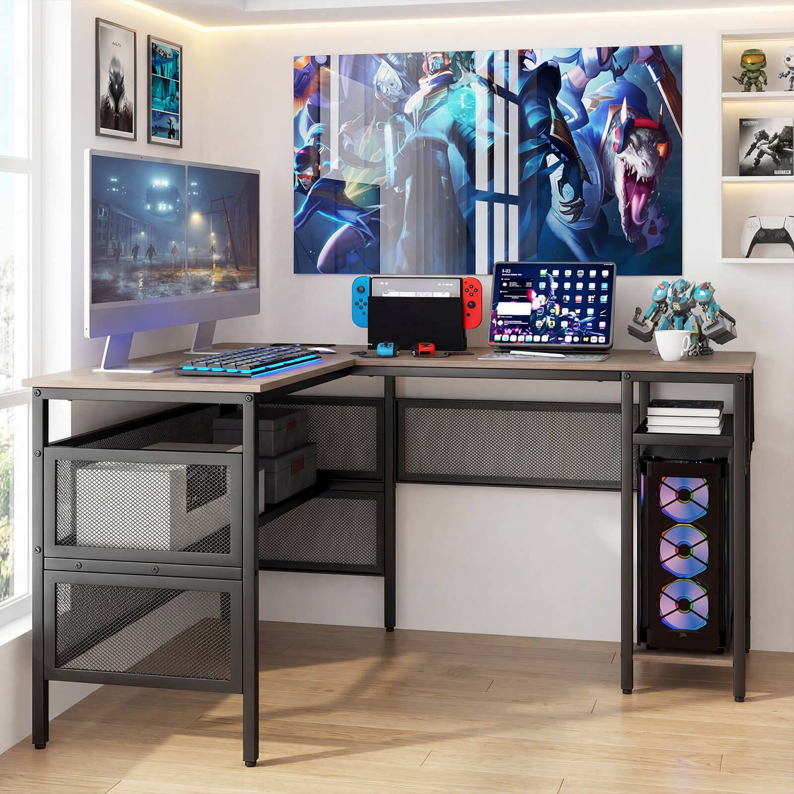 Alt View 4. Costway - Costway Reversible L-Shaped Computer Desk with Charging Station Adjustable Shelf CPU Stand - Grey.