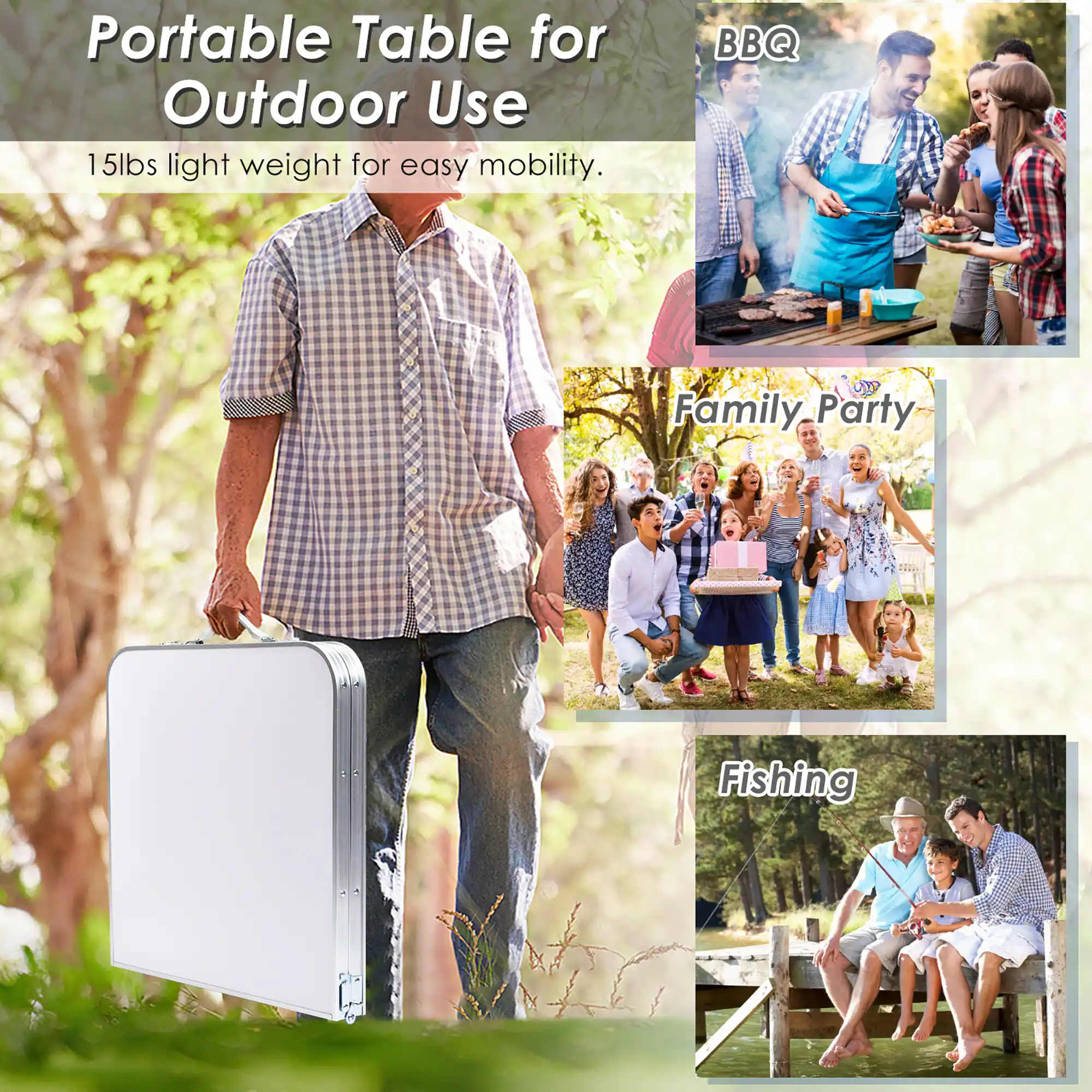 Portable Table for Outdoor Use: 15lbs light weight for easy mobility. BBQ, Family Party, Fishing.