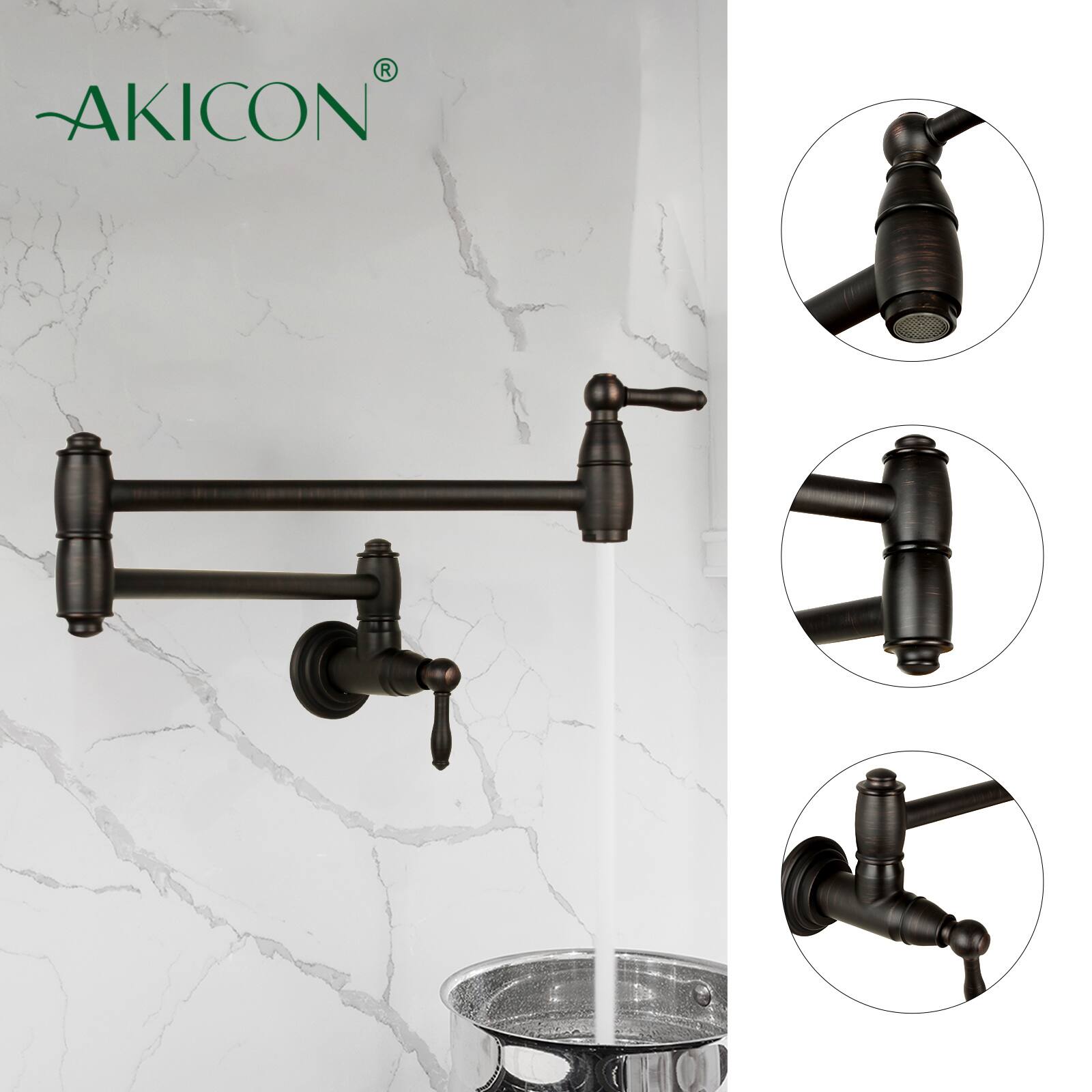 Alt View 2. Akicon - Akicon Wall-Mounted Solid Brass Pot Filler Kitchen Faucet with Dual Joint Swing Arms for Stovetop in Oil Rubbed Bronze - Oil Rubbed Bronze.