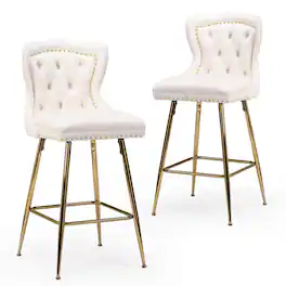 Boyel Living - Bar Stools Set of 2 Velvet Counter Height Bar Stools with Metal Legs Button Tufted and Nailheads Trim - Beige
