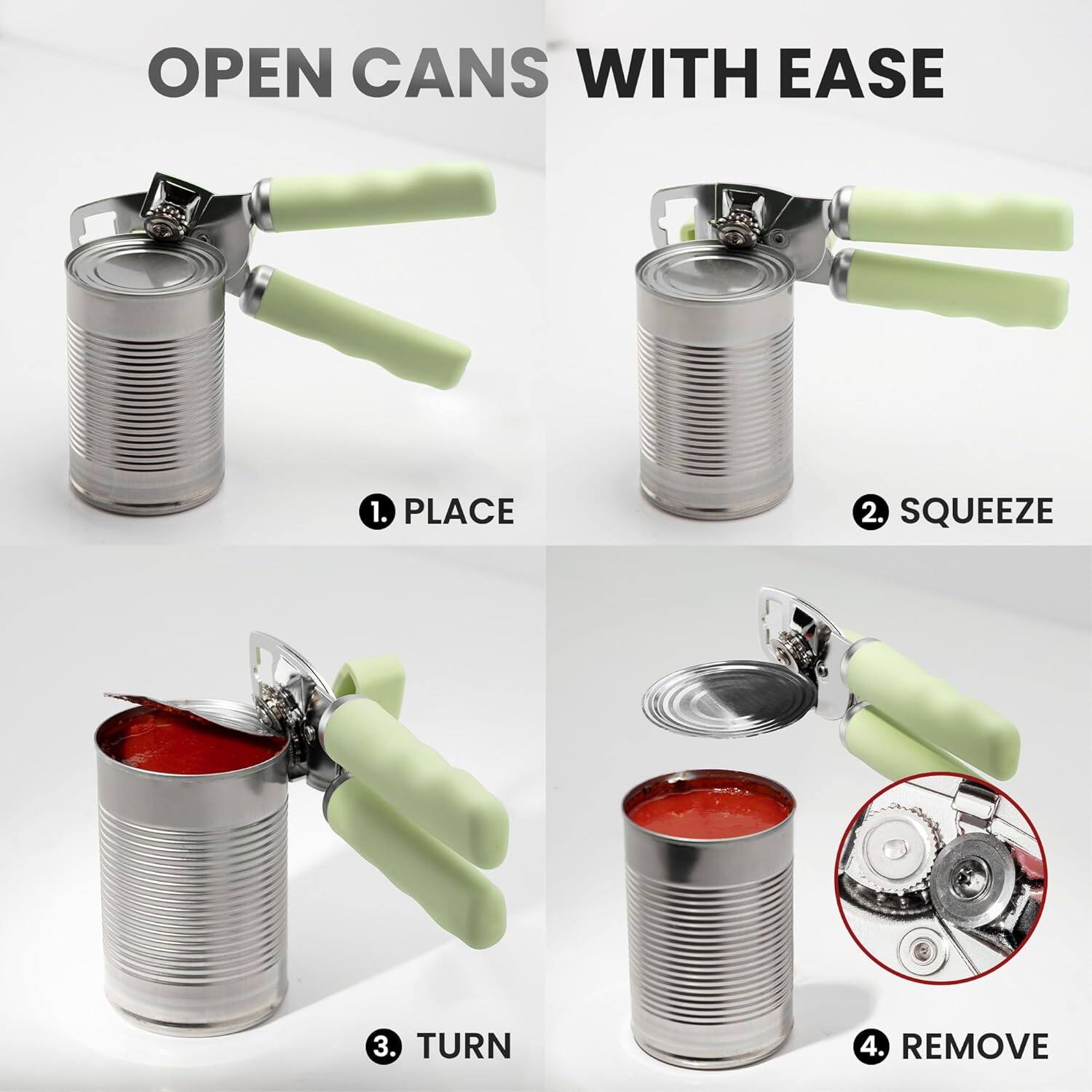 OPEN CANS WITH EASE

1. PLACE
2. SQUEEZE
3. TURN
4. REMOVE