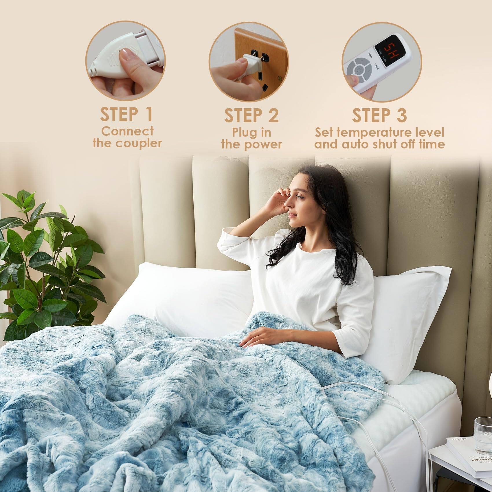 Sure, here is the corrected and grouped text:

---

**STEP 1**  
Connect the coupler

**STEP 2**  
Plug in the power

**STEP 3**  
Set temperature level and auto shut off time

---