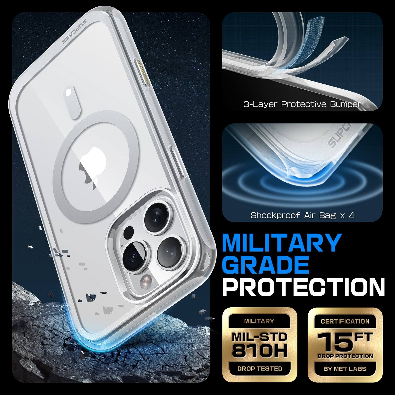 SUPCASE 3-Layer Protective Bumper SUPC Shockproof Air Bag x 4 MILITARY GRADE PROTECTION MIL-STD 810H DROP TESTED CERTIFICATION 15 FT DROP PROTECTION BY MET LABS