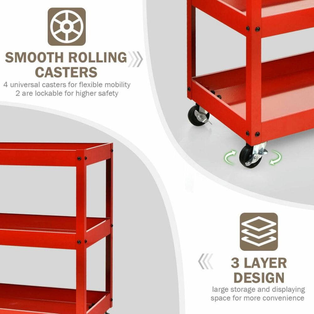 SMOOTH ROLLING CASTERS  
4 universal casters for flexible mobility  
2 are lockable for higher safety  

3 LAYER DESIGN  
large storage and displaying space for more convenience
