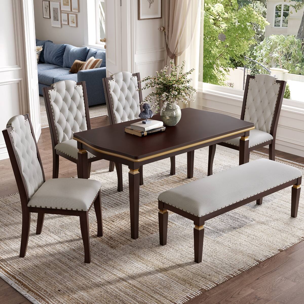 Alt View 8. Loheer - Loheer 6 Piece Dining Table Set With Bench, Espresso 60 Inch Rectangular Table - Espresso.