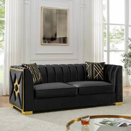 Anysun - 81" 3-Seat Velvet Chesterfield Sofa with 2 Pillows - Button Tufted, Gold Stainless Steel Accents for Living Room. - Black