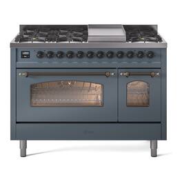 ILVE - Nostalgie II 48 inch Dual Fuel Range with 5.02 cu. ft. Total Double Oven Capacity (Blue Grey, Burnished) - Blue Grey