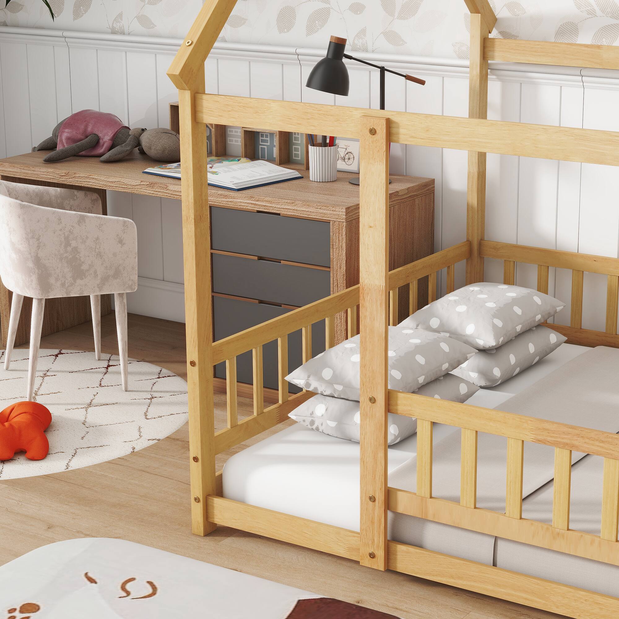 Back. Tiramisubest - Full Size House Floor Wooden Bed with Roof Frame, Safety Guardrails,Natural - Natural.