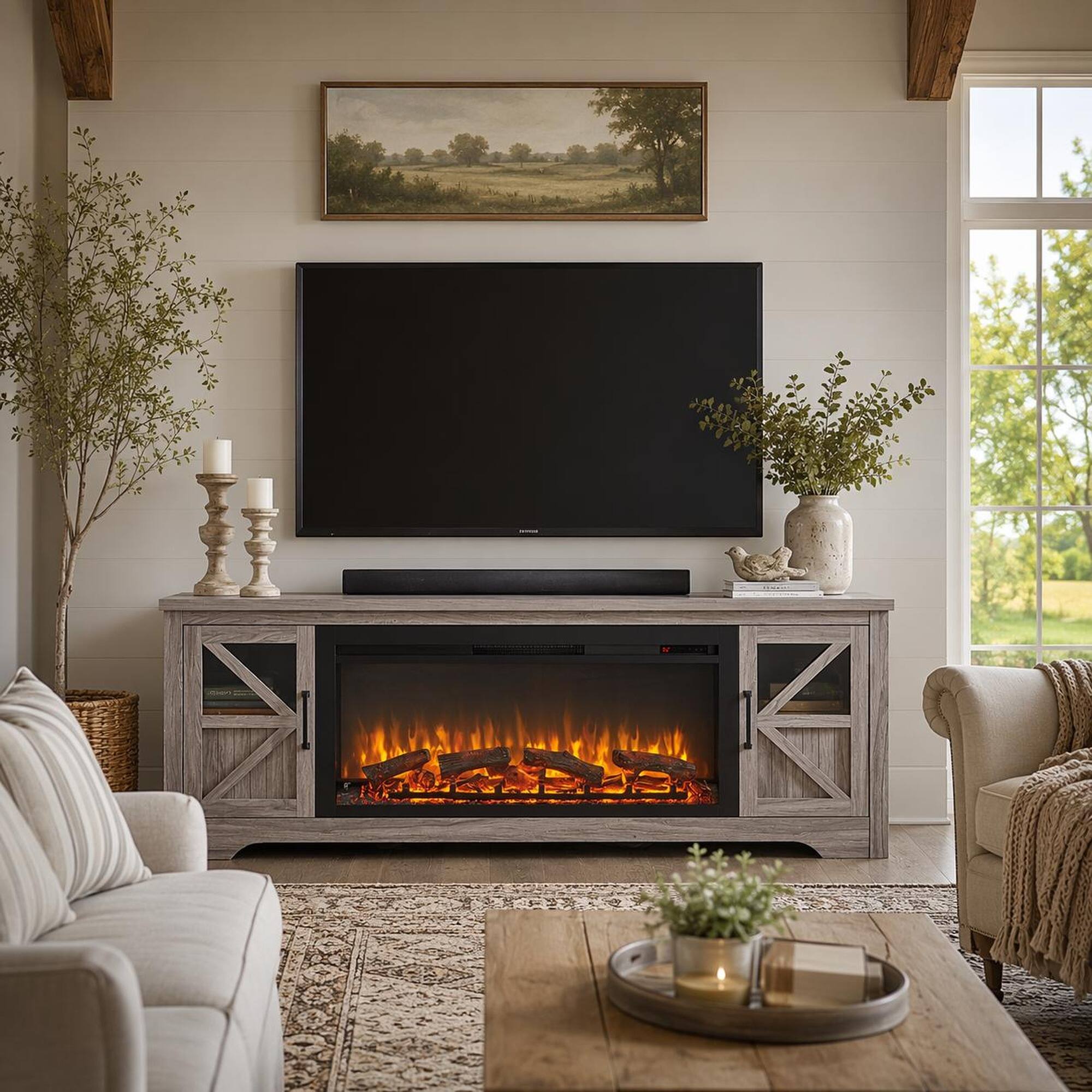 Angle. RYHNUYNE - 75" Fireplace TV Stand for TVs up to 80" with 44" Electric Fireplace – Log Flame Effect, Remote Control & Touch Display - Gray Wash.