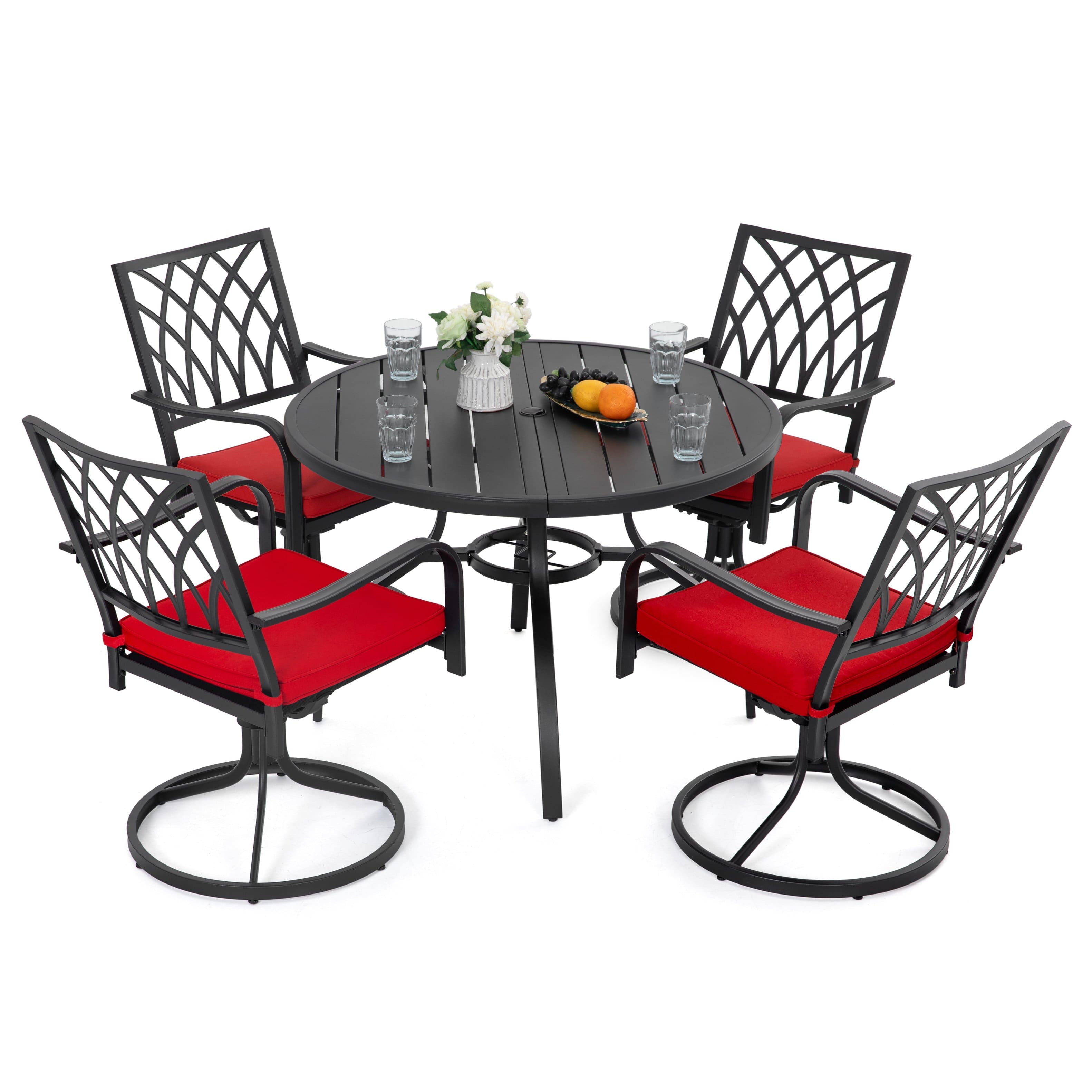 Nuu Garden - 5-Piece Metal Round Outdoor Dining Set with Umbrella Hole and Zippered Cushions, Swivel Chairs - Black and Red