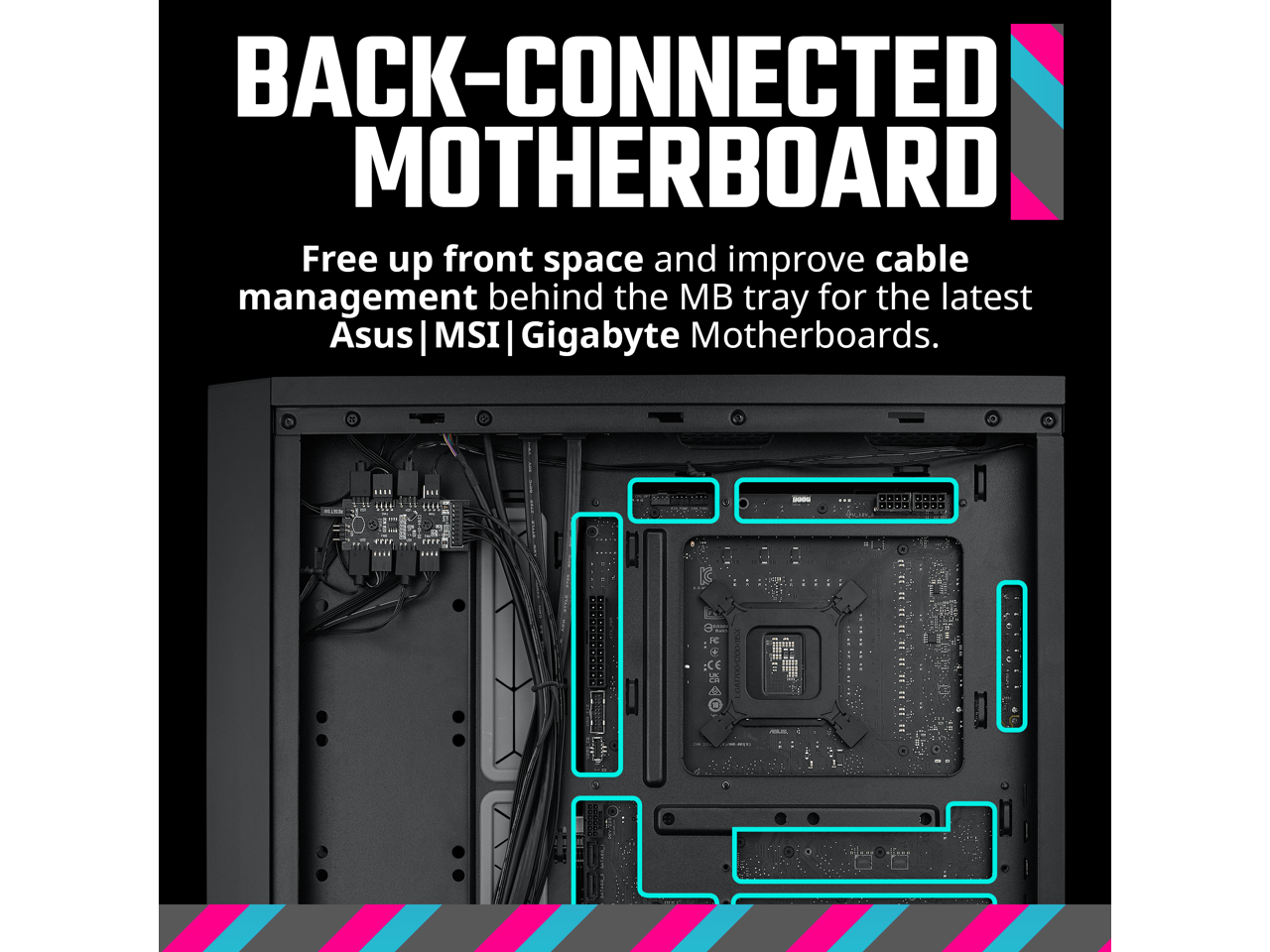 BACK-CONNECTED MOTHERBOARD

Free up front space and improve cable management behind the MB tray for the latest Asus | MSI | Gigabyte Motherboards.