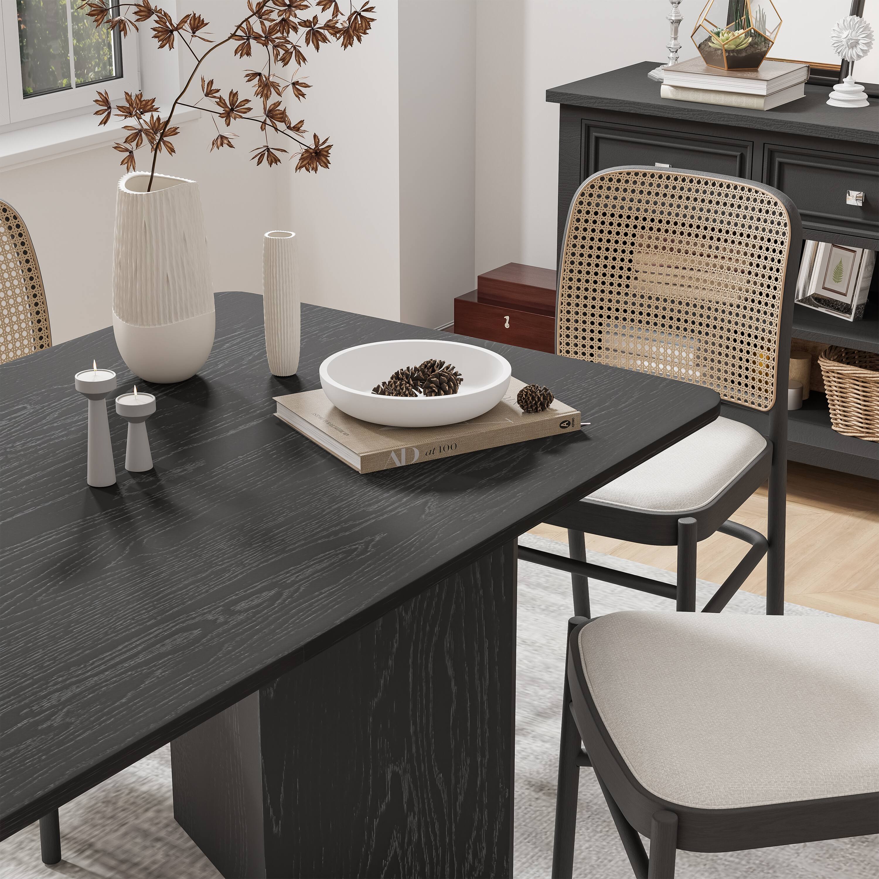 Alt View 4. PexFix - Minimalist Farmhouse Oak Dining Table | Rectangle Solid Wood, Double Pedestal Base for 6, 67-Inch - Black.