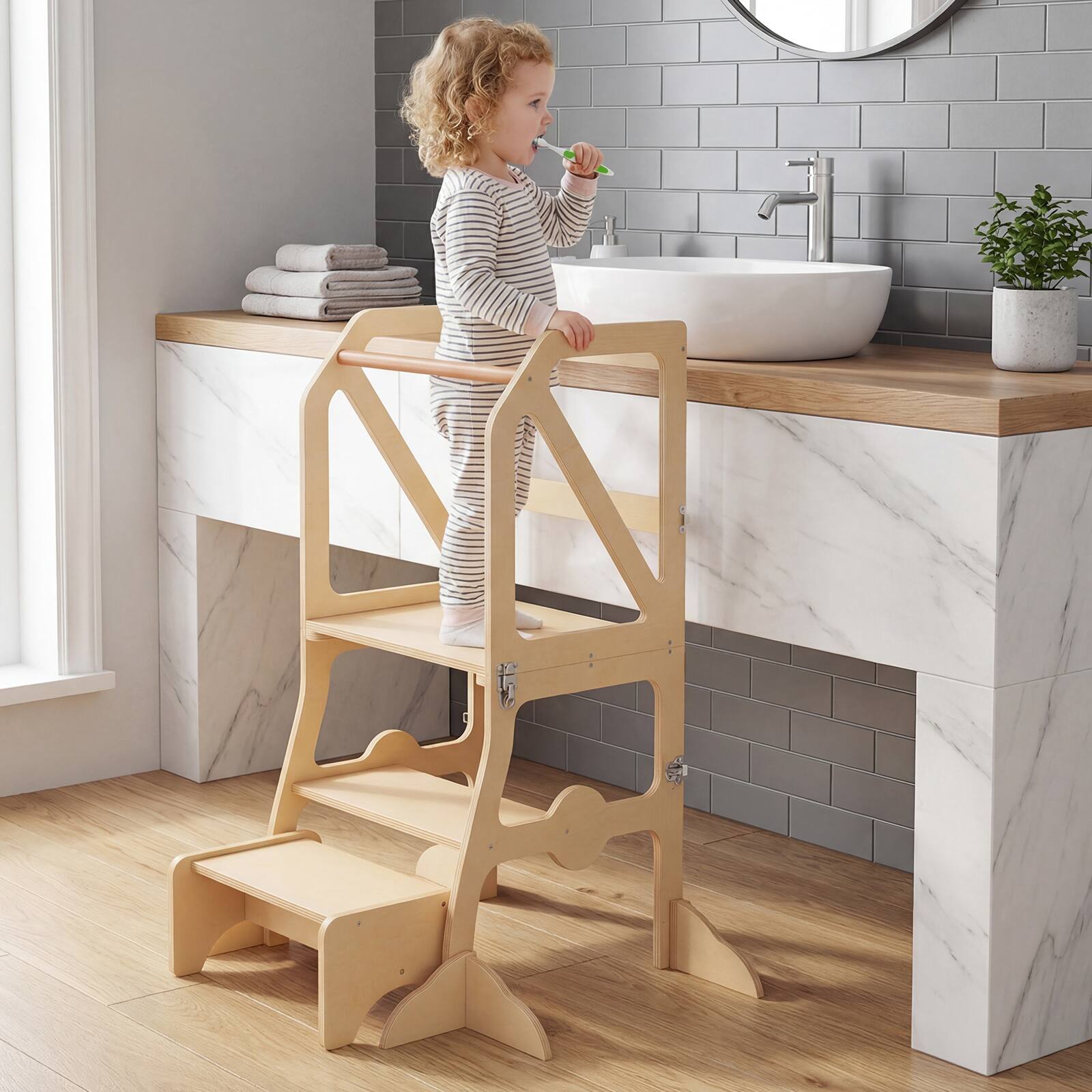 Alt View 1. Gymax - Gymax 2 in 1 Toddler Tower w/Removable Safety Bar for Children 3+ Years Old Natural - Yellow.