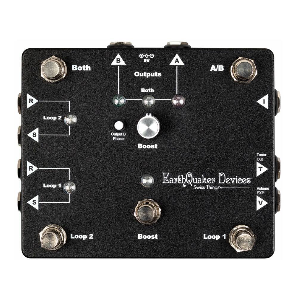 Both  
Outputs  
A/B  
Both  
Loop 2  
Loop 1  
Boost  
Tuner Out  
Volume EXP  
EarthQuaker Devices Swiss Things+  
9V  
A  
B  
I  
T  
V  
S  
R