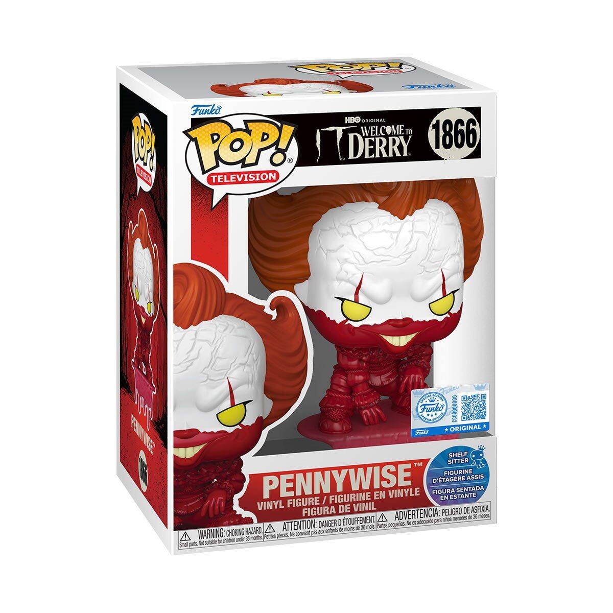 Funko POP! TELEVISION  
HBO ORIGINAL  
WELCOME TO DERRY 1866  

PENNYWISE  
VINYL FIGURE / FIGURINE EN VINYLE / FIGURA DE VINIL / FIGURA DE VINIL  

SHELF SITTER  
FIGURINE D'ÉTAGÈRE ASSIS / FIGURA EN ESTANTE SENTADA  

ADVERTENCIA: PELIGRO DE ASFIXIA  
ATTENTION: DANGER DE GÊNTEMENT  
WARNING: CHOKING HAZARD