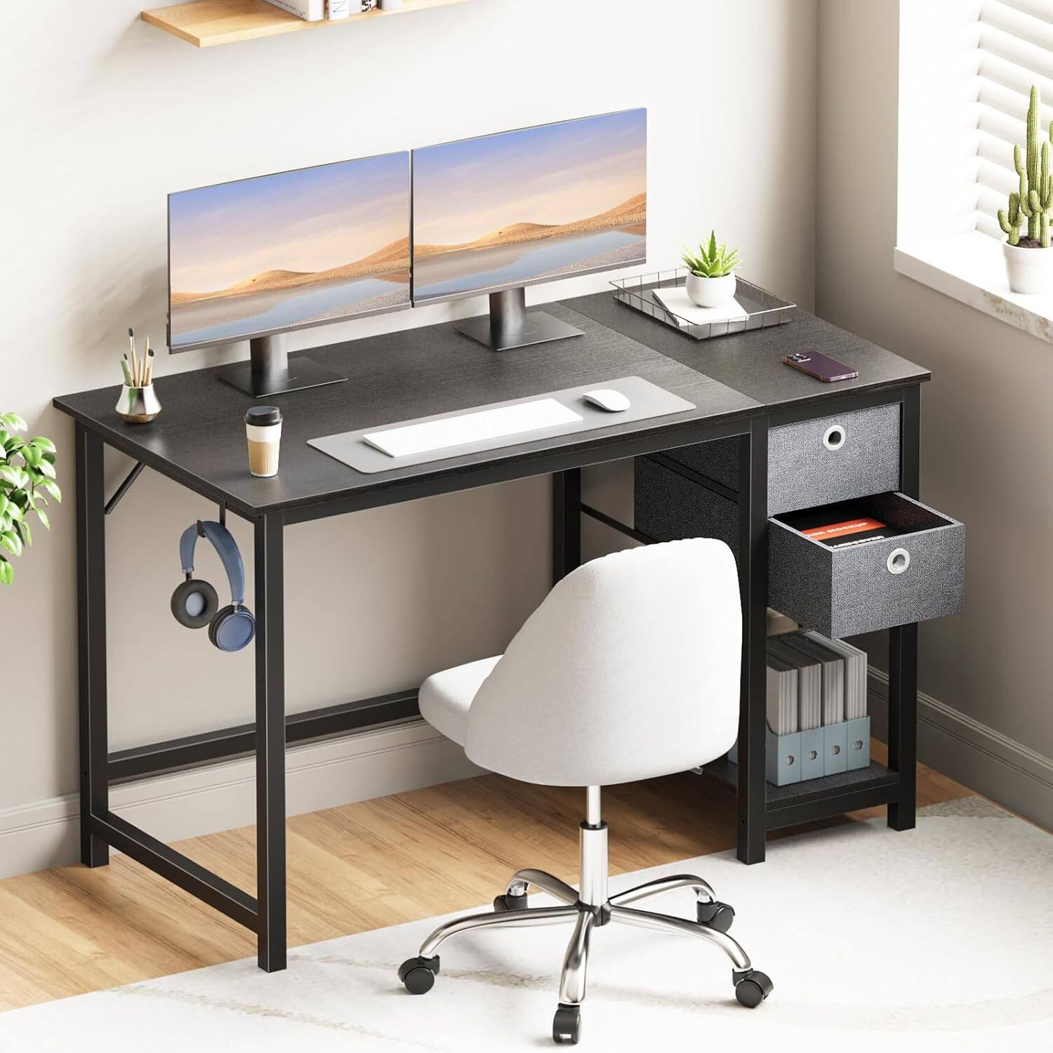 Angle. Sweet - 40 Inch Computer Desk with Drawers, Side Hook, Writing Desk for Bedroom Home Office, Wood Black - Black.