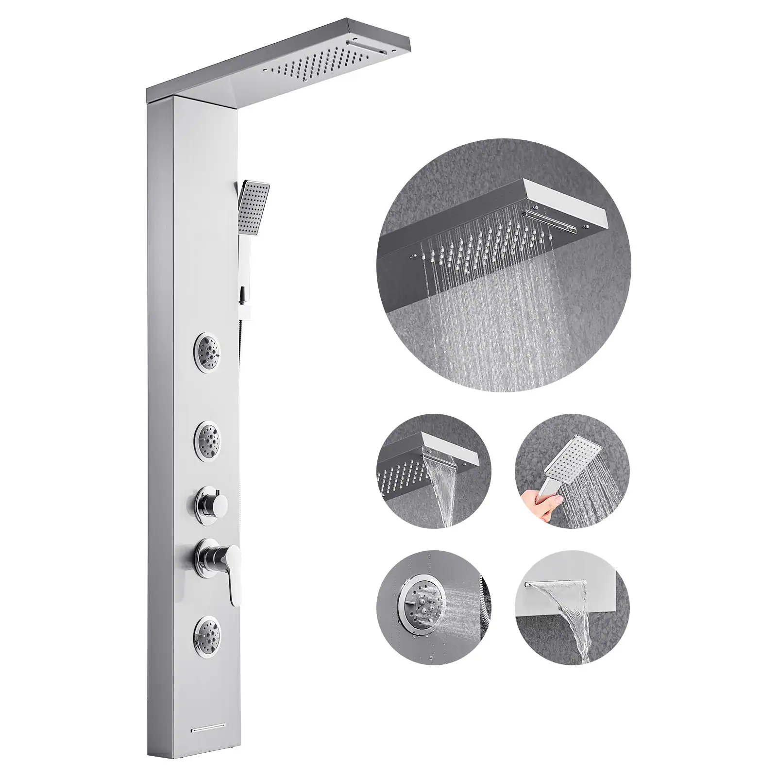 VEVOR - Shower Panel Tower System with Rainfall Waterfall Shower Head, 53 in Brushed Stainless Steel Shower Column - Silver