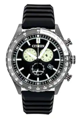 Citizen - Eco-Drive Chronograph Silicone Strap Dial Solar AT2565-05E 100M Men's Watch - Black