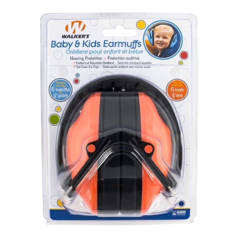 WALKER'S Baby & Kids Earmuffs  
Oreillères pour enfant et bébé  
Hearing Protection - Protection auditive  

- Padded and Adjustable Headband - Serre-tête rembourré ajustable  
- Soft Foam Ear Cup - Cache-oreilles en mousse  

Suitable for 6 months to 8 years  
6 mois à 8 ans  

GSM