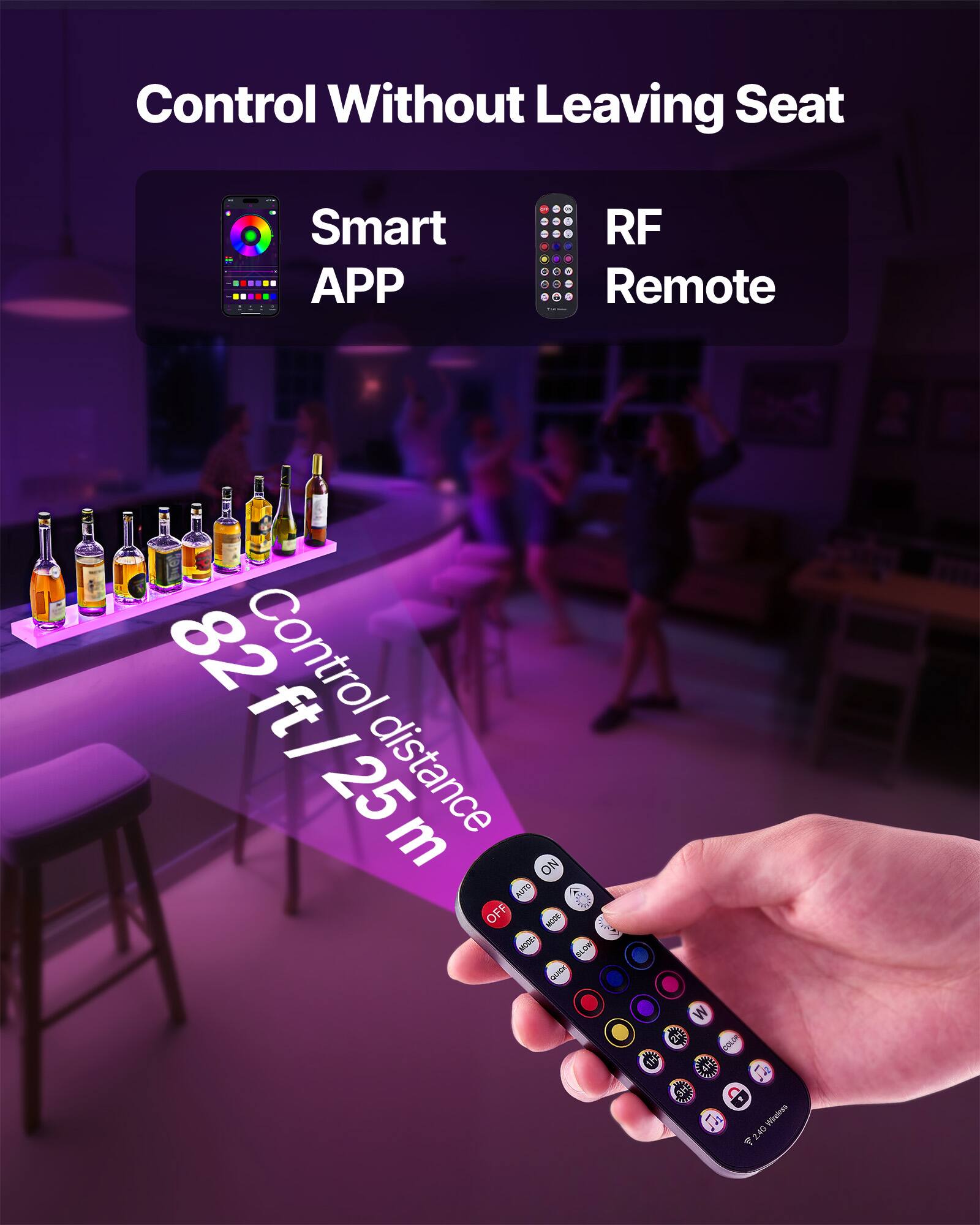 Control Without Leaving Seat

Smart APP - RF Remote

Control distance 82 ft / 25 m