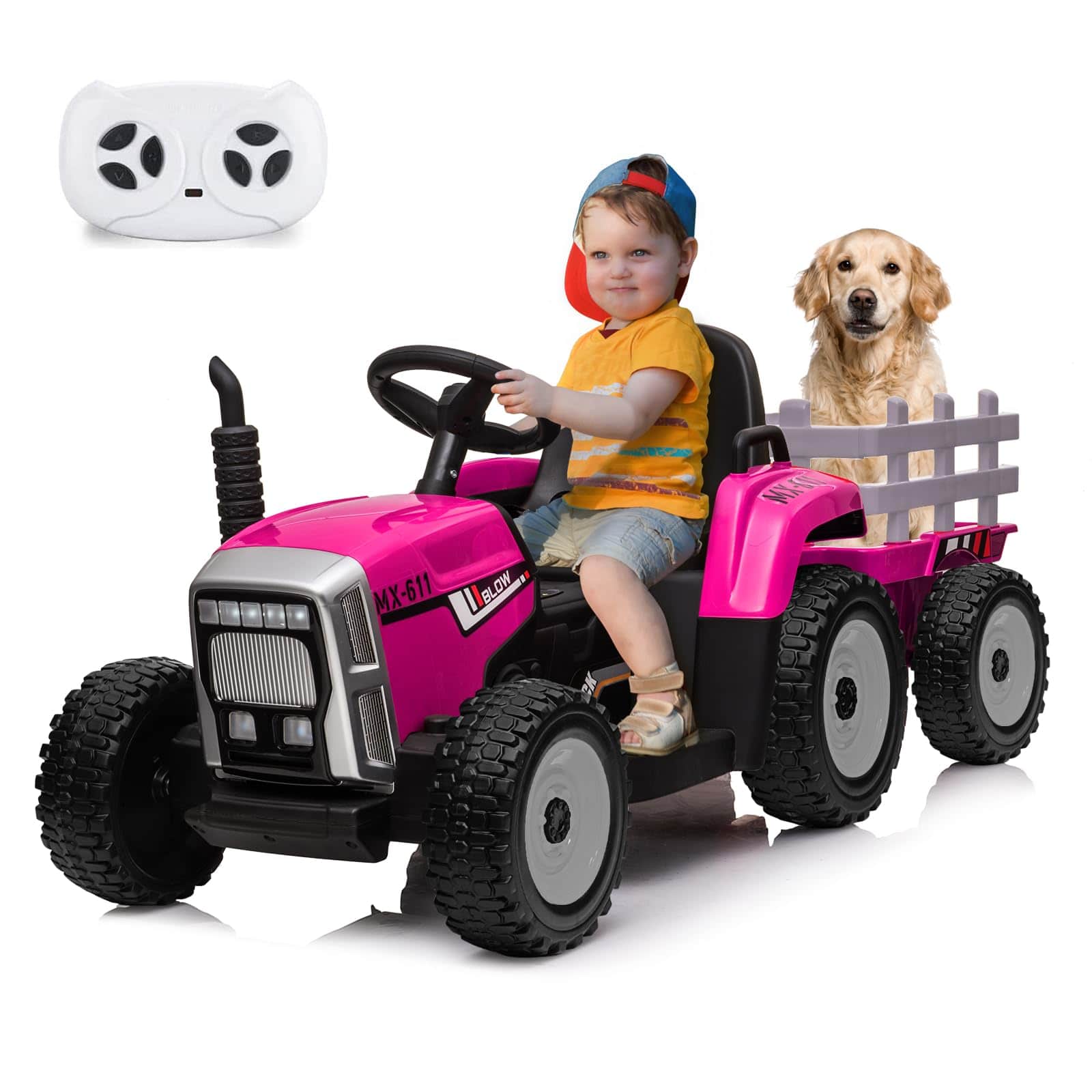 GARVEE - 12V Kids Ride On Tractor with Trailer & Remote Control,Toddler Electric Vehicle Car with Led Headlights,35W - Rose Red