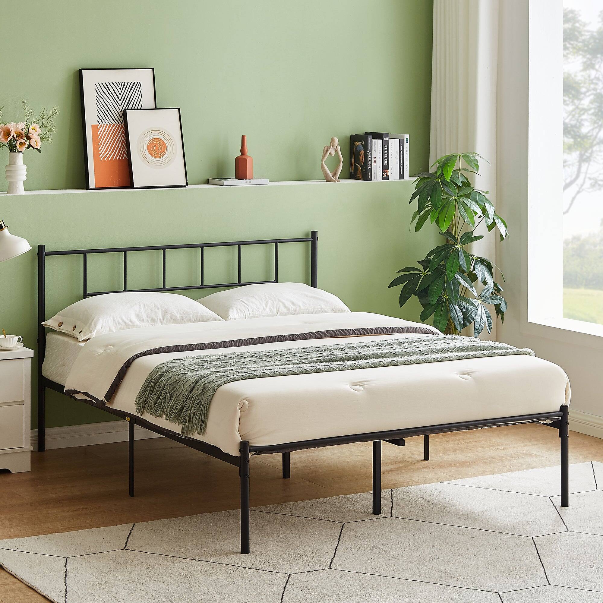 Alt View 2. Vecelo - Queen Metal Platform Bed Frame, Heavy Duty Steel Slat Support, Under Bed Storage,No Box Spring Needed, Easy Assembly - Black.