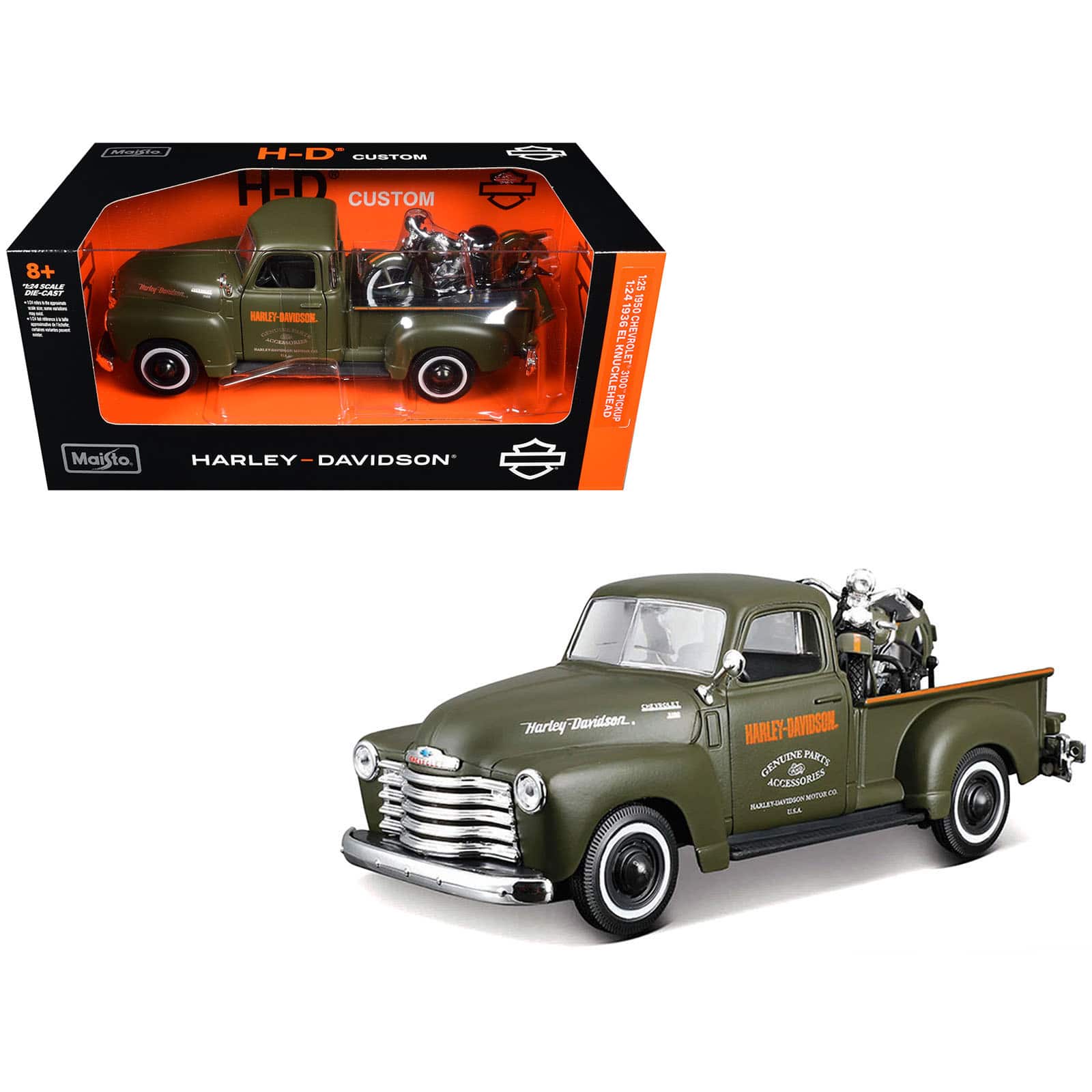 1950 Chevrolet 3100 Truck Matt Green w/1936 Harley Davidson El Knucklehead Motorcycle Matt Green 1/24 Model Car Maisto price history on PriceWatchPro