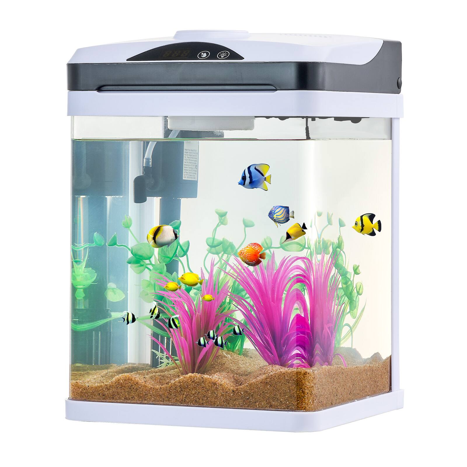 Back. HOMLUX - 2 Gallon Fish Tank Aquarium LED Smart Square Clear Glass 7 Color Self Cleaning - White.