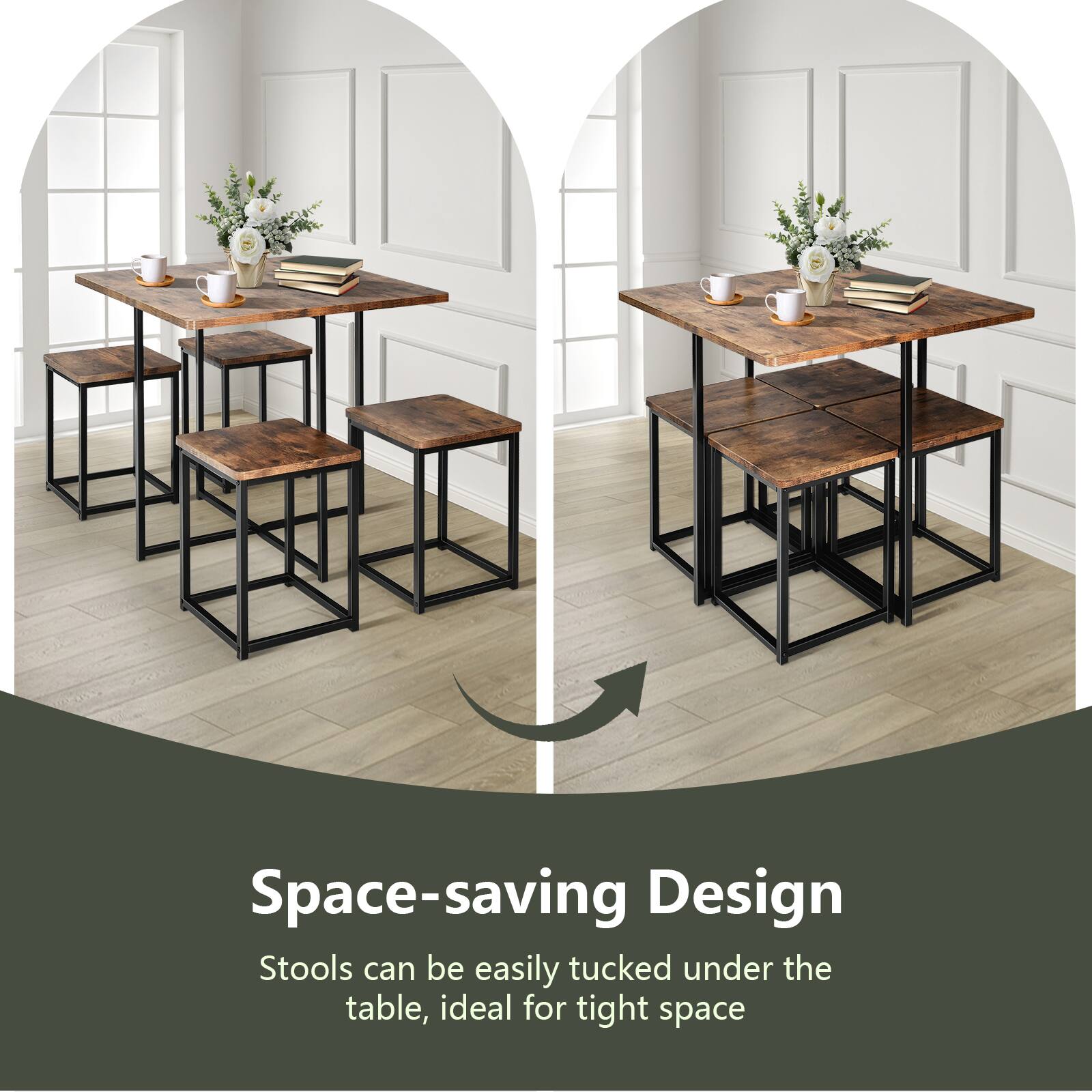 Space-saving Design
Stools can be easily tucked under the table, ideal for tight space
