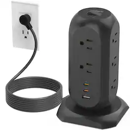 TESSAN - 14 IN 1 Surge Protector Power Tower 1500J PD 20W USB C 6Ft Extension Cord with 11 Outlets and 1 USB A &2 USB C Ports - Black