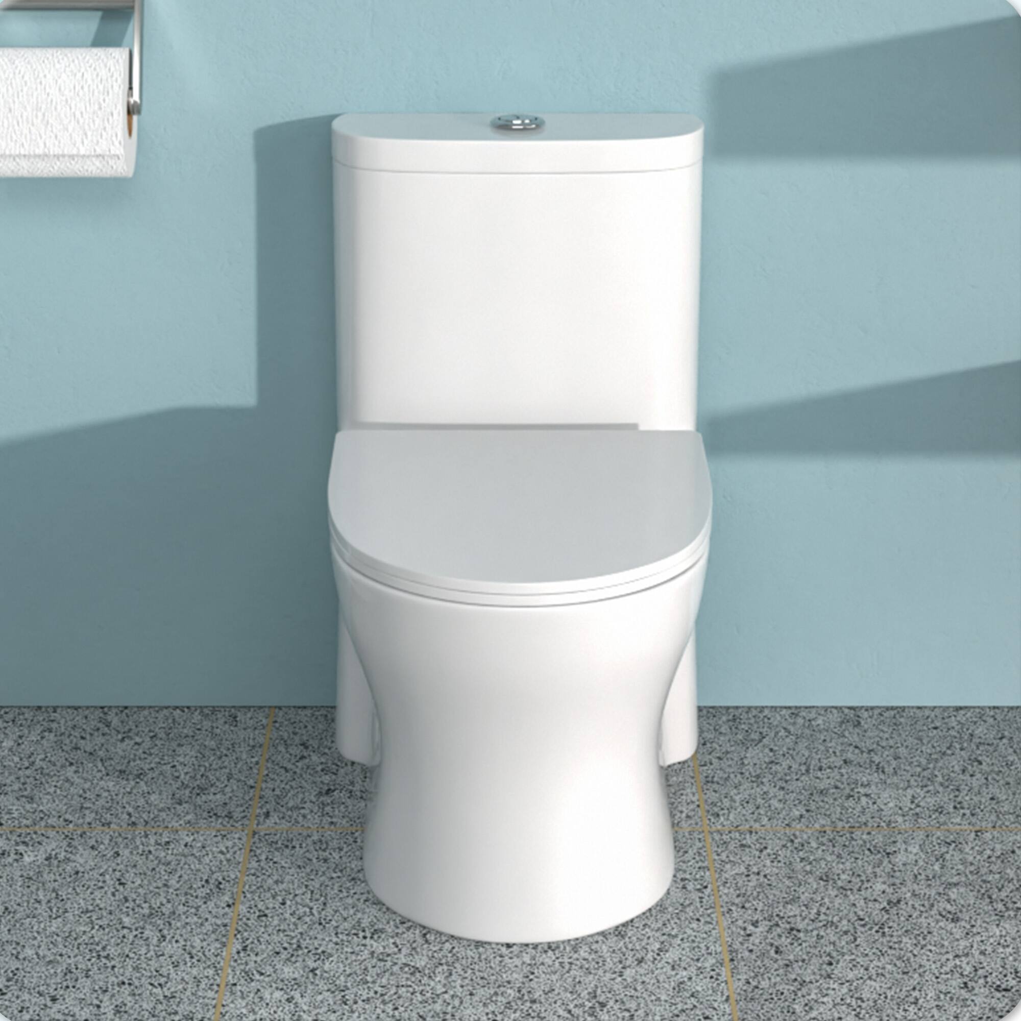 Back. TinyHomie - Ceramic One Piece Toilet for Bathroom 12 inch Rough Dual Flush with Soft Closing Seat Powerful Dual Flush - White.