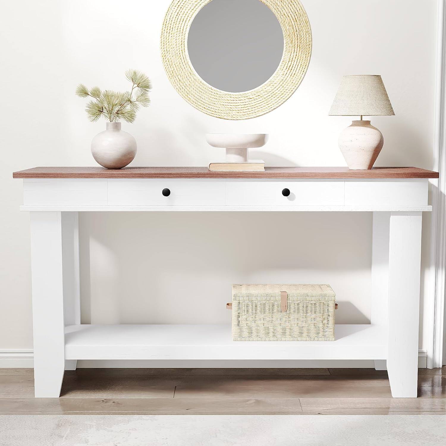 Angle. Electrodes Masters - 54-Inch Console Table for Entryway - Elegant Design with Storage, Ideal for Living Room in White - Brown+White.