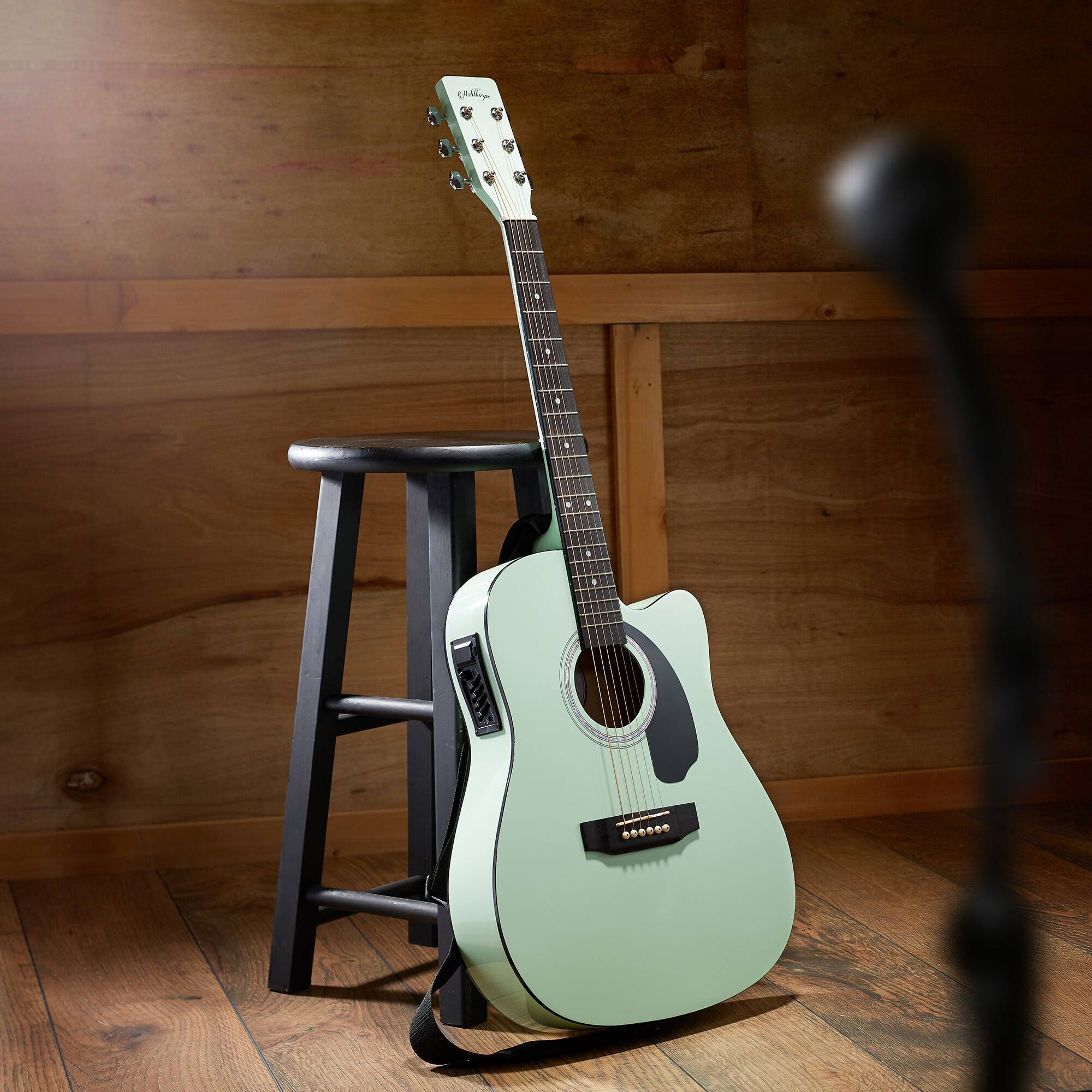 Alt View 1. Ashthorpe - Full-Size Cutaway Thinline Acoustic-Electric Guitar w/ Gig Bag and EQ - Mint Green.