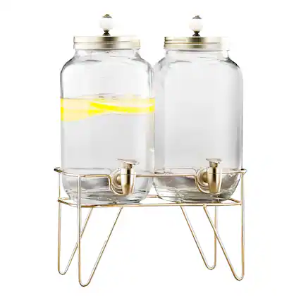 Front. Style Setter - Julian 2-Piece Set Bev Dispensers with Gold Wire Stand 3.1 L Each - Clear.