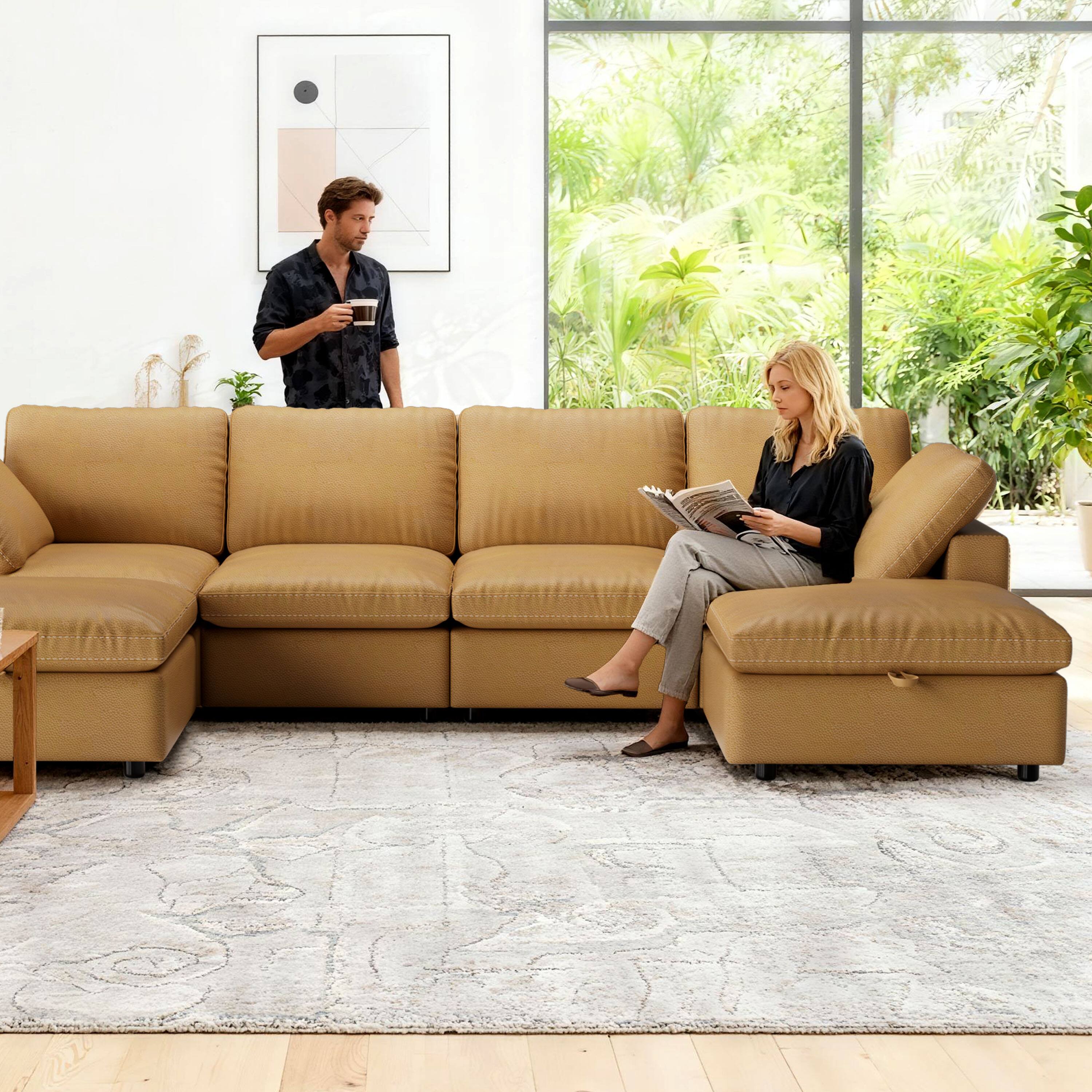 Alt View 3. Dyonery - Dyonery cat paw leather sofa, 4-seat 130-inch large combination sofa, storage stool, widened seat cushion, yellow - Yellow.