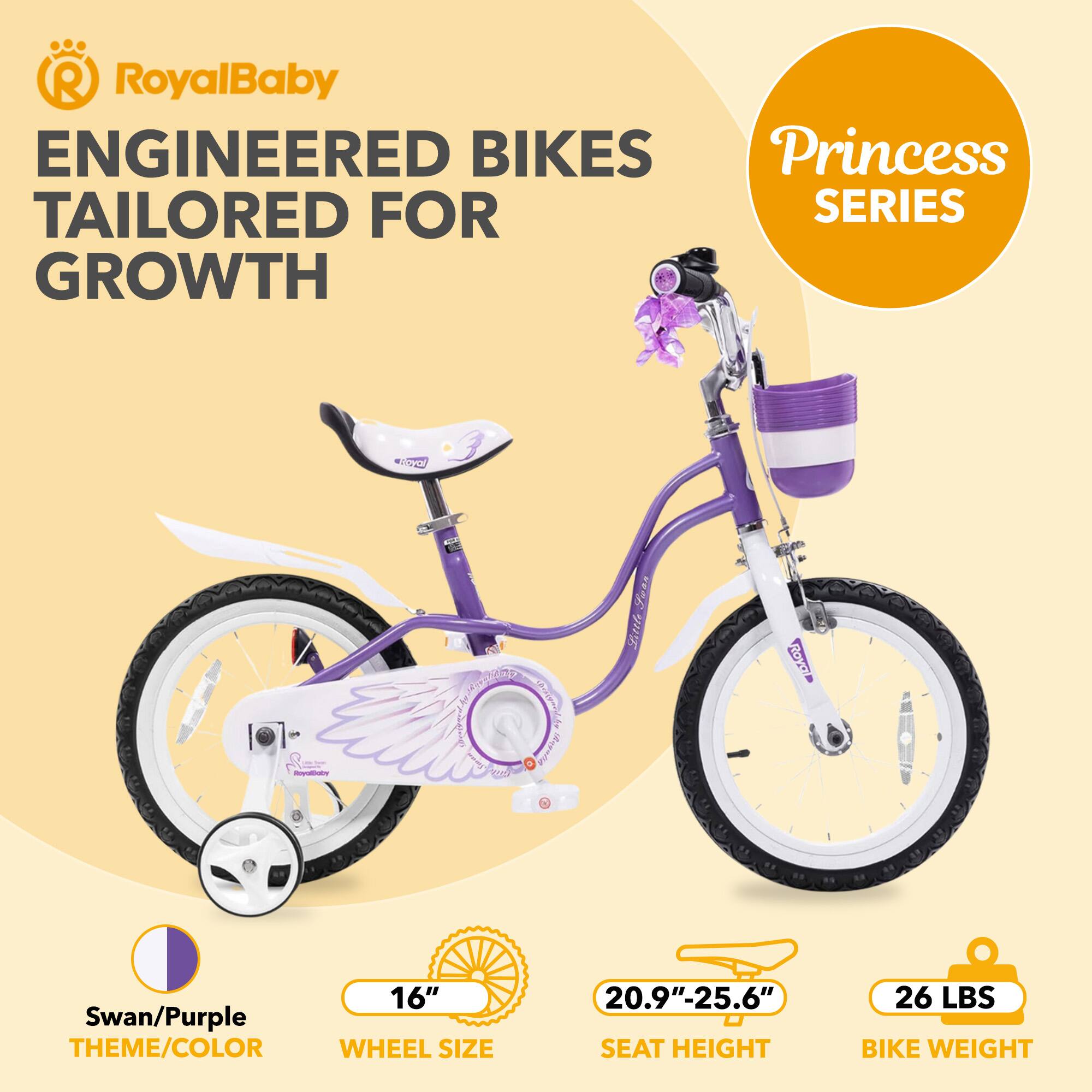 RoyalBaby ENGINEERED BIKES Princess SERIES GROWTH

- Swan/Purple THEME/COLOR
- WHEEL SIZE: 16"
- SEAT HEIGHT: 20.9"-25.6"
- BIKE WEIGHT: 26 LBS