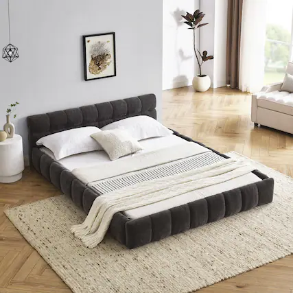 Front. Anysun - Queen Chenille Platform Bed Frame with Headboard - Thick Fabric, Solid Frame, No Box Spring Needed - Grey.