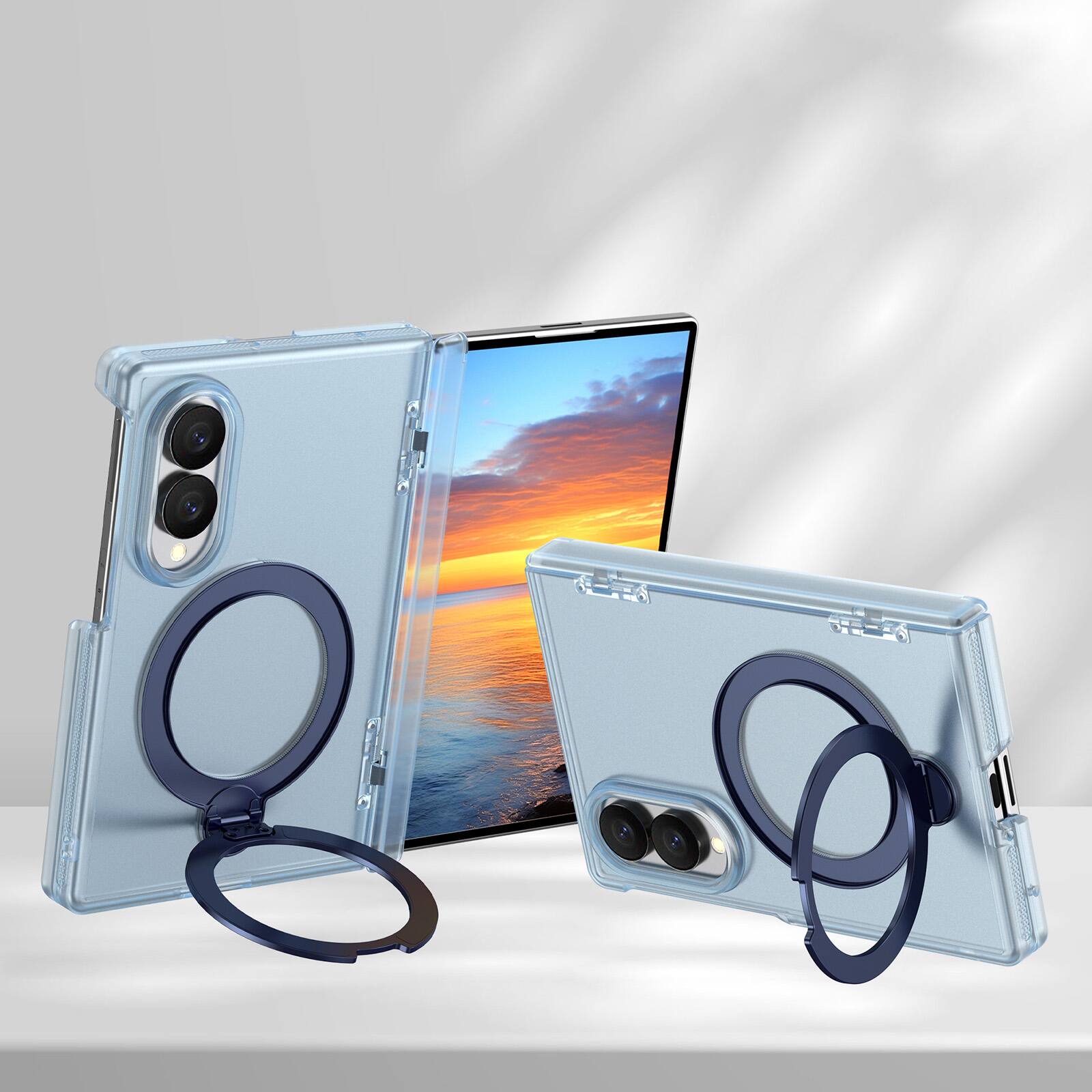 Angle. Dteck - Shockproof Frosted Phone Case for Samsung Galaxy Z Fold8 with Ring Stand, Rugged Slim Magnetic Rigid Plastic Hinge Cover - Matteblue.