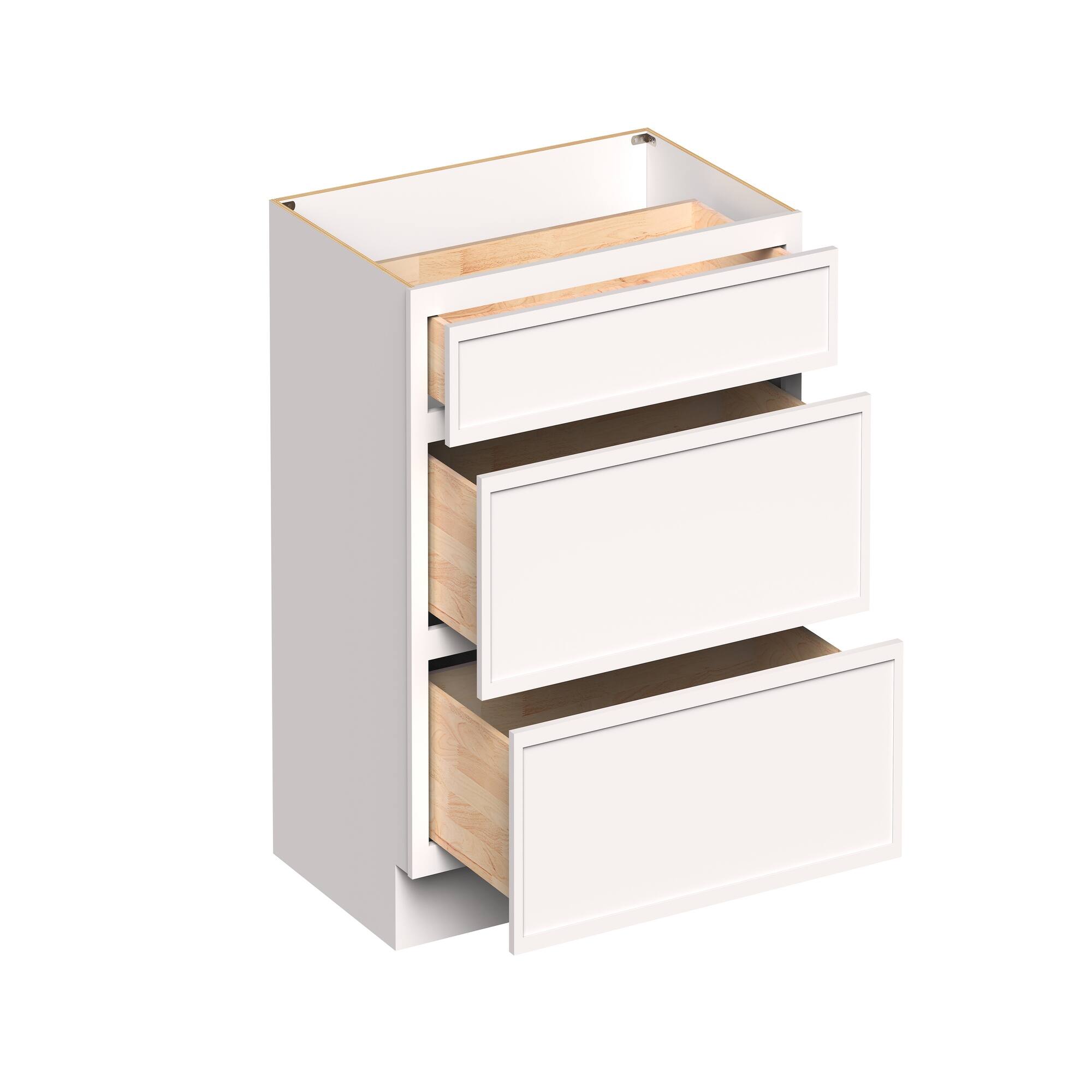 Front. Boyel Living - 36-in W x 34.5-in H x 24-in D Slim Shaker RTA Kitchen 3-Drawer Base Cabinet with Soft-Close Drawers - Snow White.