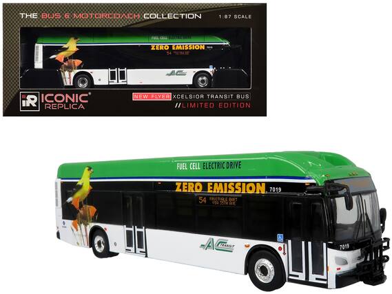 THE BUS & MOTORCOACH COLLECTION
1:87 SCALE
FUEL CELL ELECTRIC DRIVE
ZERO EMISSION
7019
54 FRUITVALE BART VIA 35TH AVE
NEW FLYER XCELSIOR TRANSIT BUS
//LIMITED EDITION
ICONIC REPLICA