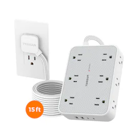 TESSAN - 1800J Protection 15 Ft Flat Plug Surge Protector Power Strip with 12 Outlets and 4 USB Ports (2 USB-C) - Grey White