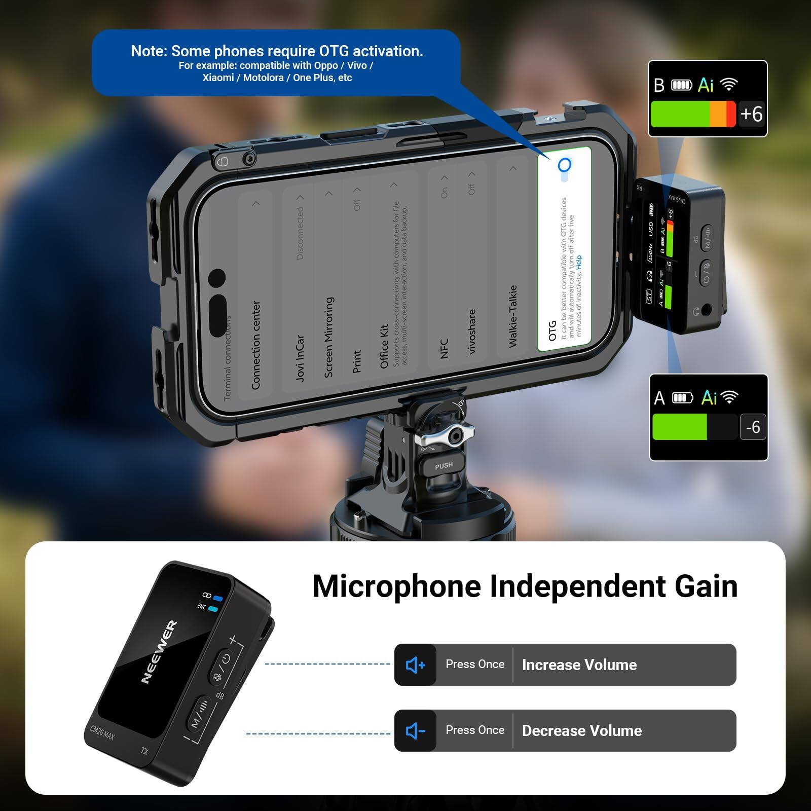 Note: Some phones require OTG activation. For example: compatible with Oppo / Vivo / Xiaomi / Motorola / One Plus, etc.

Terminal center
Connection Disconnected
Join InCar
Screen Mirroring
Print
Office Kit
NFC
vivoshare
Walkie-Talkie
OTG

Microphone Independent Gain
Press Once Increase Volume
Press Once Decrease Volume