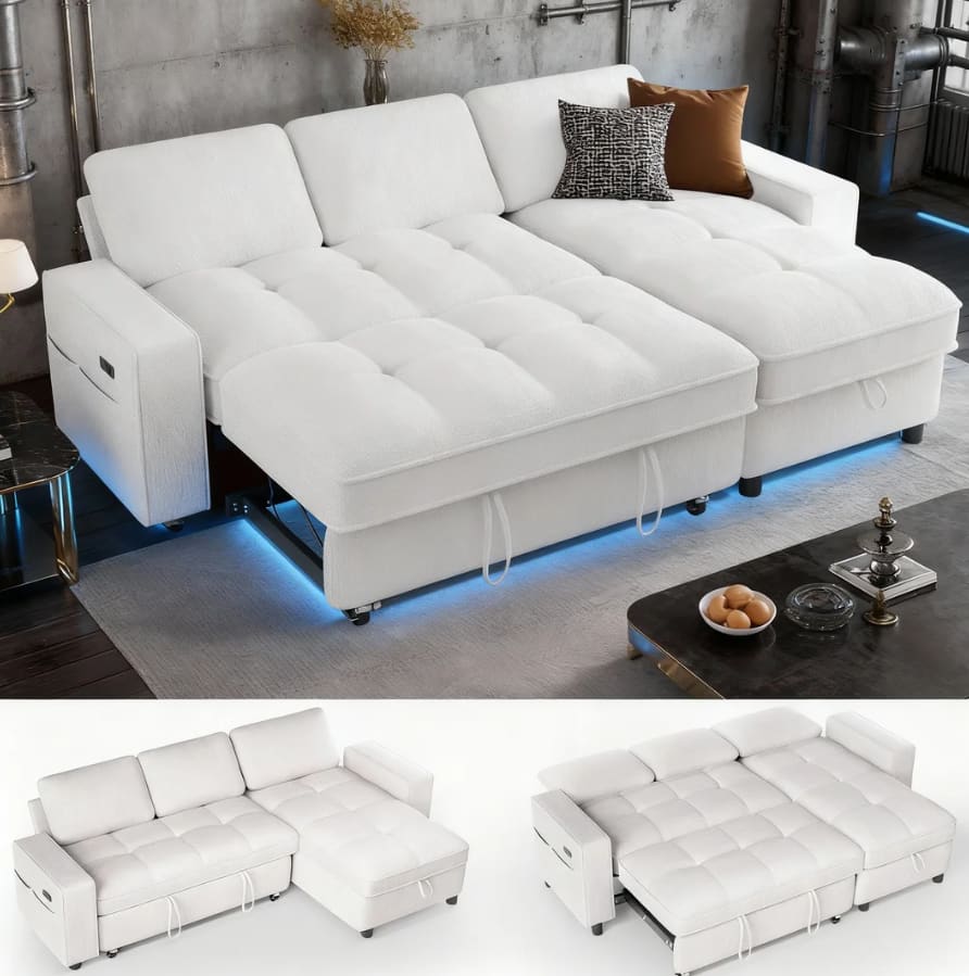 Front. Dyonery - 81" L Shaped Couch Sleeper Sofa, Pull Out Couch with Reclining Backrest, Reversible Storage Chaise, USB Ports - Beige.