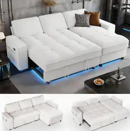 Dyonery - 81" L Shaped Couch Sleeper Sofa, Pull Out Couch with Reclining Backrest, Reversible Storage Chaise, USB Ports - Beige