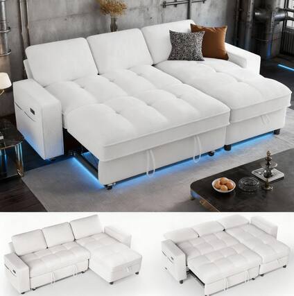Front. Dyonery - 81" L Shaped Couch Sleeper Sofa, Pull Out Couch with Reclining Backrest, Reversible Storage Chaise, USB Ports - Beige.