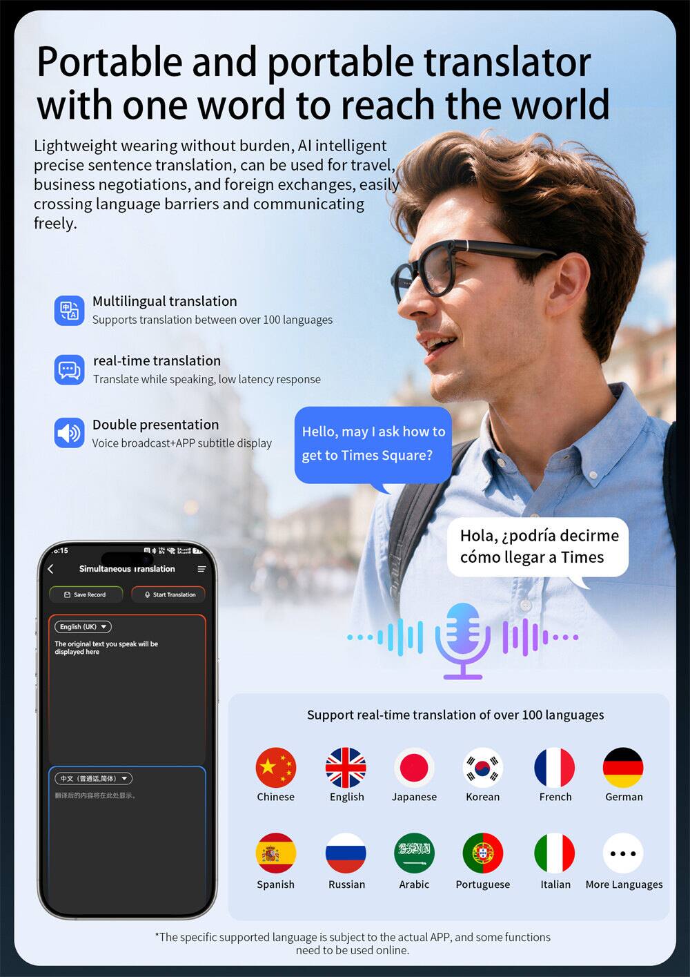 Portable and portable translator with one word to reach the world

Lightweight wearing without burden, AI intelligent precise sentence translation, can be used for travel, business negotiations, and foreign exchanges, easily crossing language barriers and communicating freely.

Multilingual translation
- Supports translation between over 100 languages
- Real-time translation: Translate while speaking, low latency response
- Double presentation: Voice broadcast + APP subtitle display

Hello, may I ask how to get to Times Square?
Hola, ¿podría decirme cómo llegar a Times Square?

Simultaneous translation
- The original text you speak will be displayed here
- Support real-time translation of over 100 languages

Languages supported:
- Chinese
- English
- Japanese
- Korean
- French
- German
- Spanish
- Russian
- Arabic
- Portuguese
- Italian
- More Languages

*The specific supported language is subject to the actual APP, and some functions need to be used online.