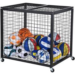 VEVOR - Rolling Sports Ball Storage Cart, Basketball Cage with Double Lids, Sport Equipment Holder Organizer for Indoor Outdoor - Black
